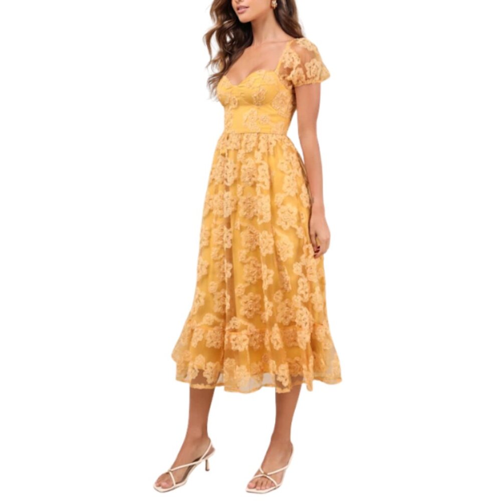 Notable Elegance Yellow Mesh Floral Applique Bustier Midi Dress Lulus